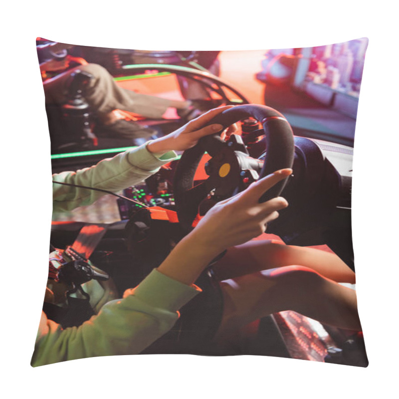 Personality  Partial View Of Teenage Gamers Playing Racing Games On Car Simulators Pillow Covers