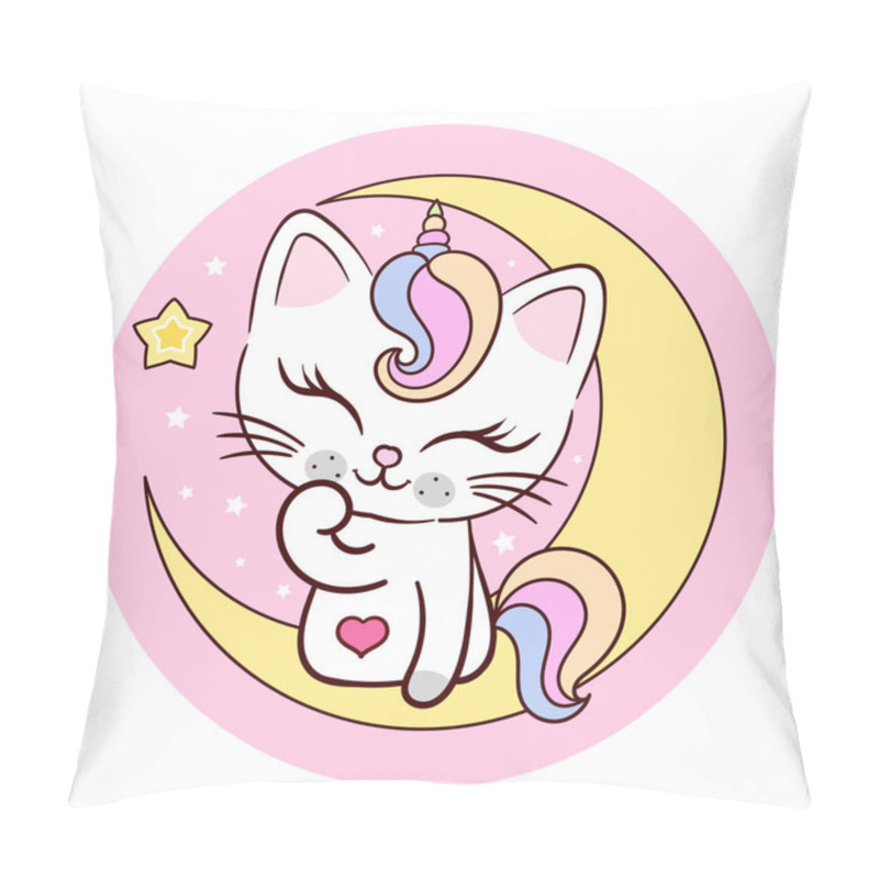 Personality  The Cat Unicorn Sits On A Crescent Moon. Childrens Illustration. Vector Pillow Covers