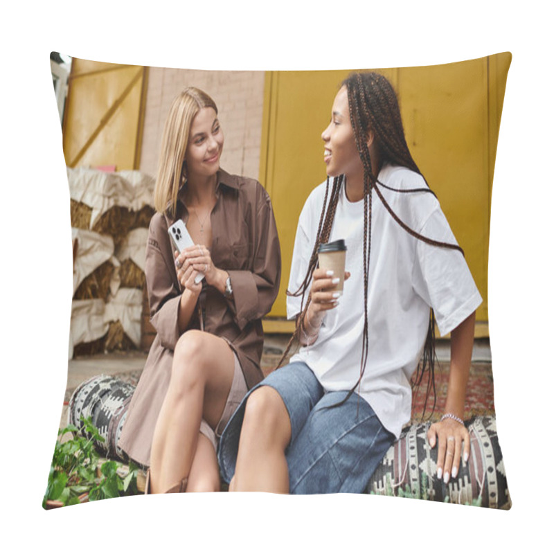 Personality  Two Women Share Laughter And Love, Savoring Coffee In A Charming Cafe Filled With Greenery. Pillow Covers