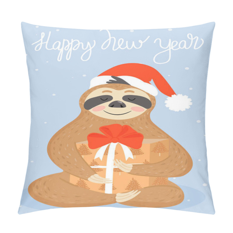 Personality  Christmas And Happy New Year Card With Sloth. Cute Lazy Sloth With Gift. Pillow Covers