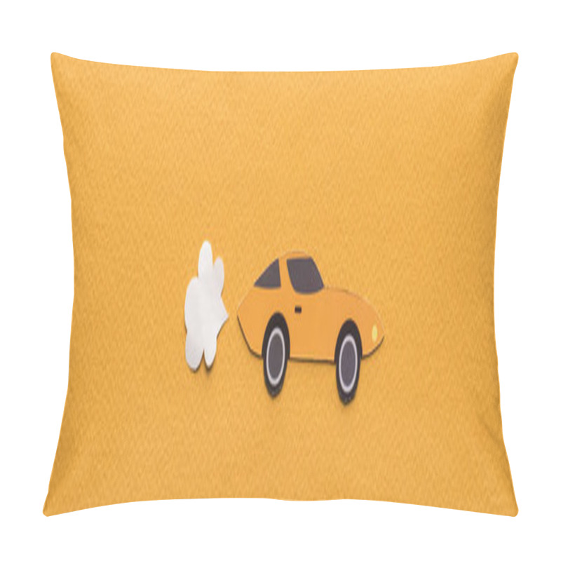 Personality  Top View Of Paper Cut Sports Car With Exhaust Gas On Orange Background, Panoramic Shot Pillow Covers