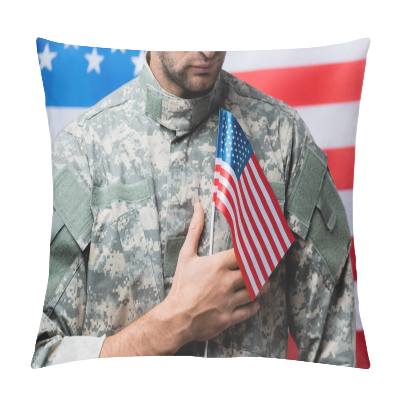 Personality  Cropped View Of Patriotic Military Man In Uniform Holding Small American Flag On Blurred Background Pillow Covers