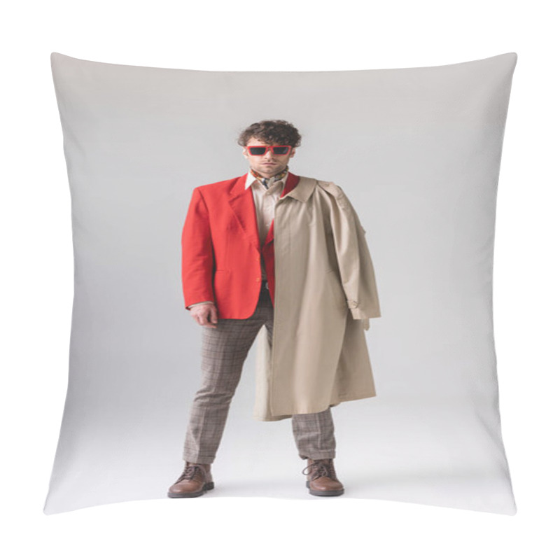 Personality  Full Length View Of Fashionable, Confident Man With Trench Coat Over Shoulder Looking At Camera On Grey Pillow Covers