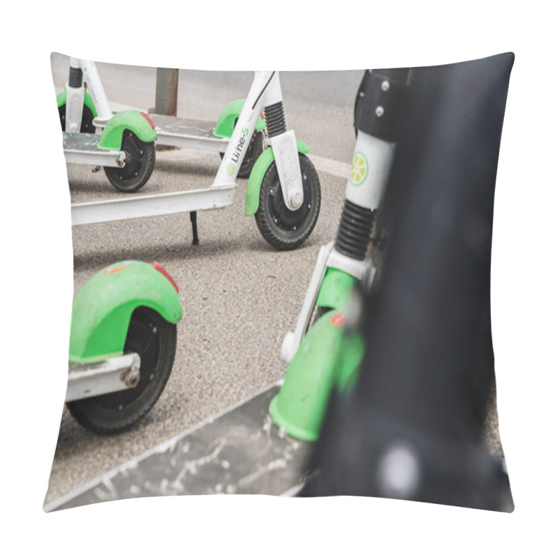 Personality  Valencia, Spain - April 29, 2019: Group Of Electric Scooters For Pillow Covers