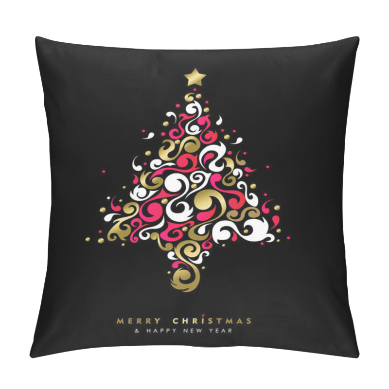 Personality  Merry Christmas And Happy New Year Illustration For Holiday Greeting Card. Xmas Pine Tree With Retro Style Decoration In Gold Color.  Pillow Covers