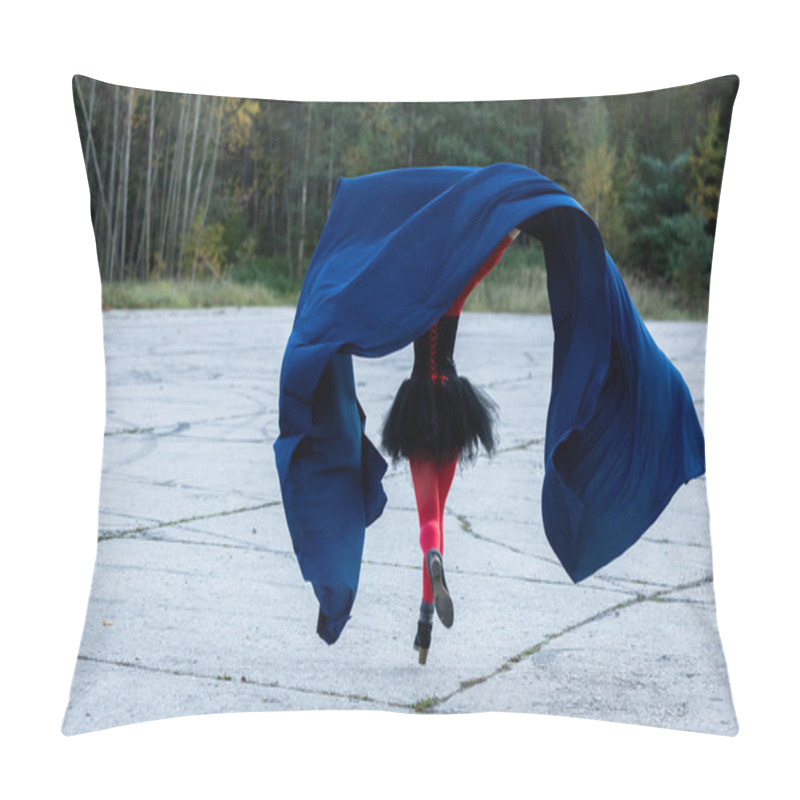 Personality  A Cheerful, Beautiful Young Woman In Motion, Wearing Red And Black Clothes With A Blue Cape: A Play Of Colors And Halloween Fun Pillow Covers