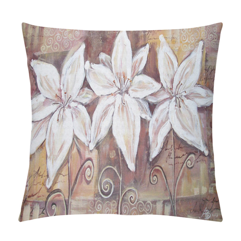 Personality  White Lilies On Brown Background. Acryl Painting. Pillow Covers