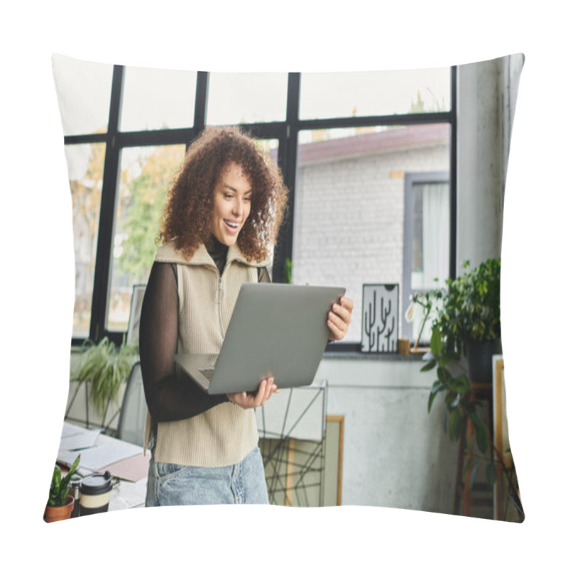 Personality  A Young Woman Smiles While Interacting With Her Laptop In A Chic Workspace Filled With Plants. Pillow Covers