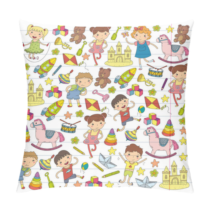 Personality  Kindergarten Nursery Preschool School Education With Children Doodle Pattern Kids Play And Study Boys And Girls Kids Drawing Icons Space, Adventure, Exploration, Imagination Concept Pillow Covers