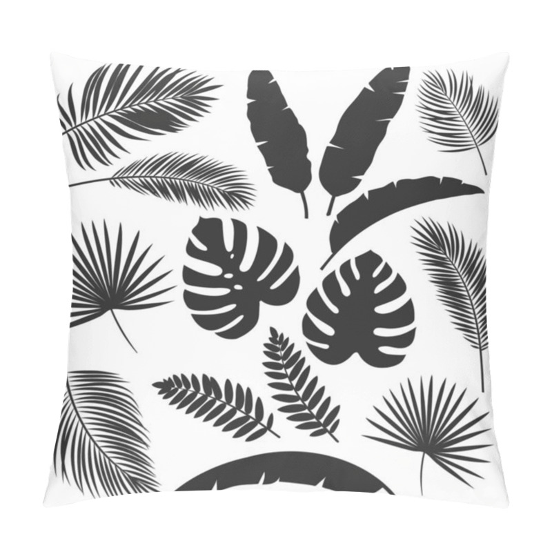 Personality  Set Vector Silhouettes Tropical Leaves. Monochrome Jungle Exotic Leaf Philodendron, Areca Palm, Royal Fern, Banana Leaf. Illustration For Summer Tropical Paradise Advertising Design Vacation. Pillow Covers