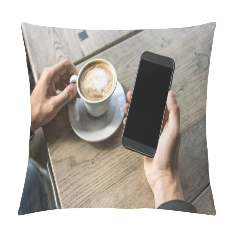 Personality  Cropped Shot Of Man With Cup Of Cappuccino Using Smartphone With Blank Screen Pillow Covers