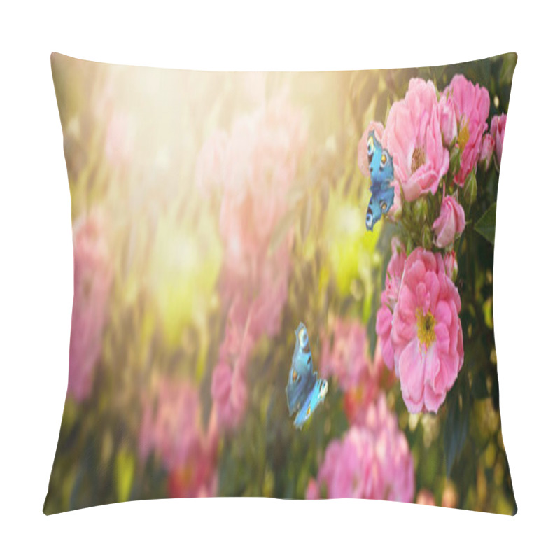 Personality  Fabulous Blooming Pink Rose Flowers Summer Garden And Flying Fantasy Peacock Eye Butterflies On Blurred Sunny Shiny Glowing Background, Mysterious Fairy Tale Spring Floral Wide Panoramic Banner Pillow Covers