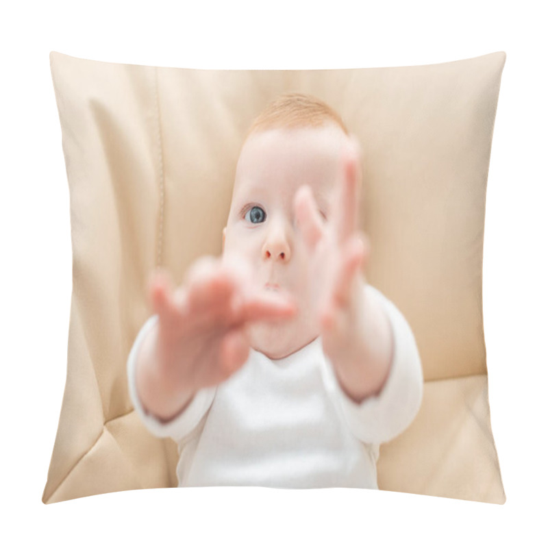 Personality  Top View Of Cute Baby Boy Lying With Outstretched Hands, Selective Focus Pillow Covers