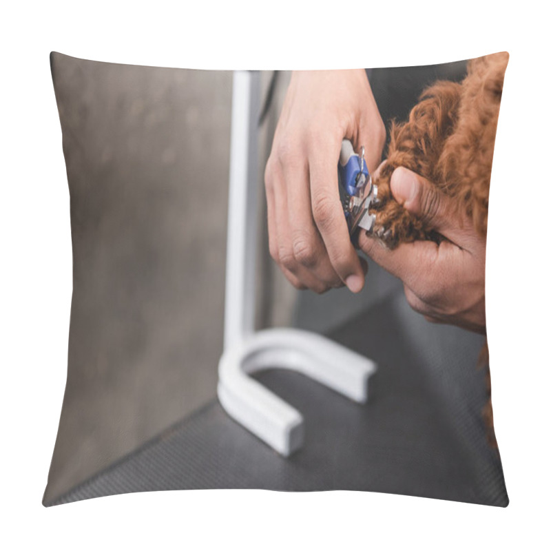 Personality  Partial View Of African American Man Cutting Claws Of Dog With Nail Clippers Pillow Covers