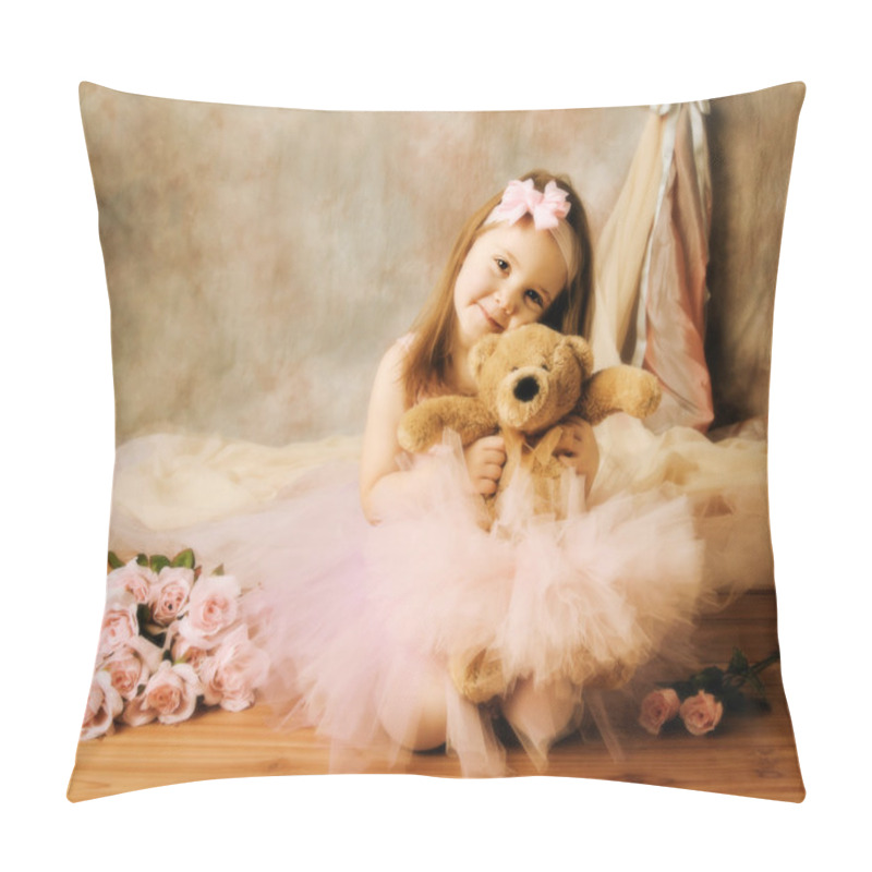 Personality  Adorable Little Girl Dressed As A Ballerina In A Tutu, Hugging A Teddy Bear Sitting Next To Pink Roses. Pillow Covers