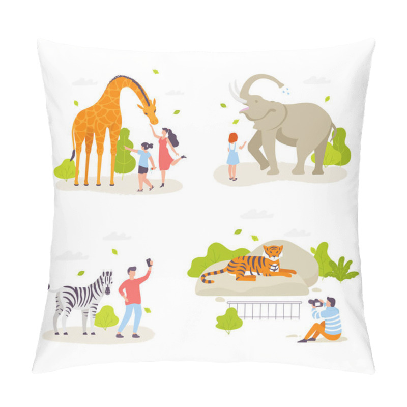 Personality  People In The Zoo Looking At Animals And Acting With Them. Cute Wild Animals, Cheerful People, Children Cartoon Characters Flat Design. Giraffe, Elephant, Zebra, Tiger Isolated. Infographic Elements. Pillow Covers