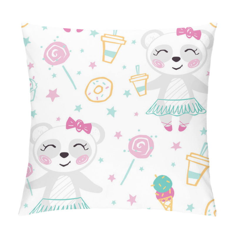 Personality  Panda Baby Girl Cute Seamless Pattern. Sweet Bear With Ice Cream, Sweets, Lollipop, Coffee, Tutu Pillow Covers