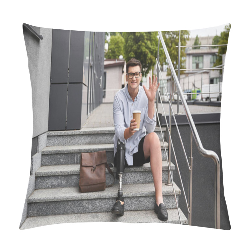 Personality  Young Man With Prosthetic Leg Sits On Steps, Smiles, And Waves While Holding A Coffee Cup. Pillow Covers