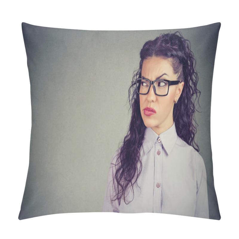 Personality  Young Curly Brunette In Glasses Looking Away In Jealousy Making Revenge Plan On Gray Background Pillow Covers