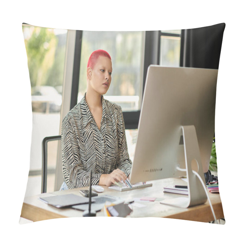 Personality  A Determined Bald Woman With Vibrant Hair Is Engaged In Her Work At A Stylish Desk. Pillow Covers