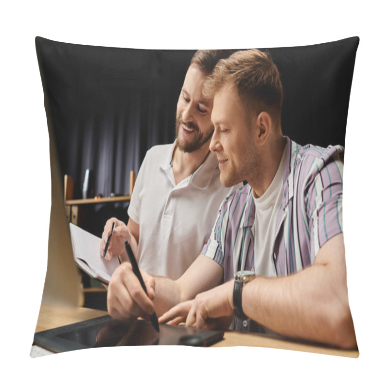 Personality  Two Men In Casual Attire Working On A Laptop At A Table. Pillow Covers