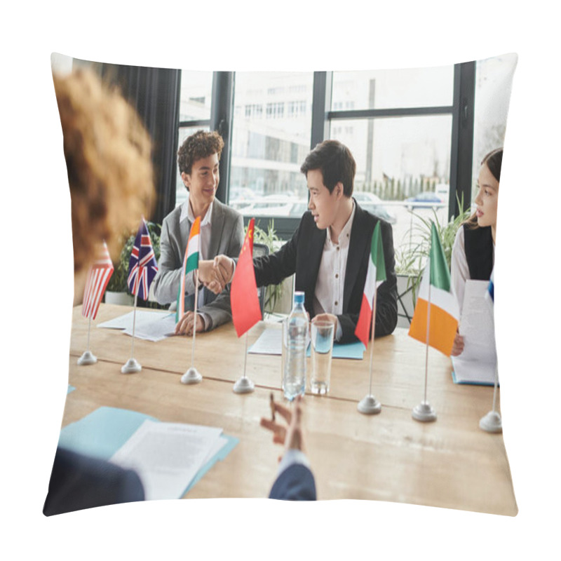 Personality  Teenagers Participate In A UN Model Conference, Shaking Hands And Representing Different Countries. Pillow Covers