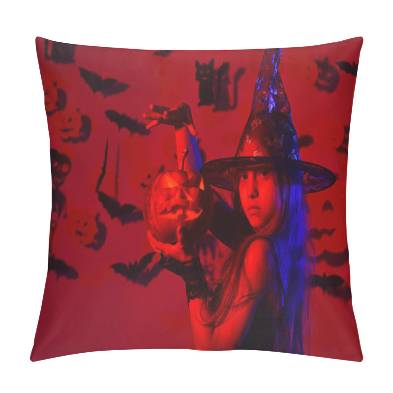 Personality  Kid In Witches Costume Holds Jack Lantern And Puts Spell. Pillow Covers