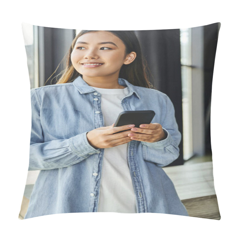 Personality  Beautiful And Ambitious Asian Businesswoman Holding Mobile Phone, Smiling And Looking Away Near Window In Contemporary Office, Blue Denim Shirt, Brunette Hair, Radiant Smile Pillow Covers