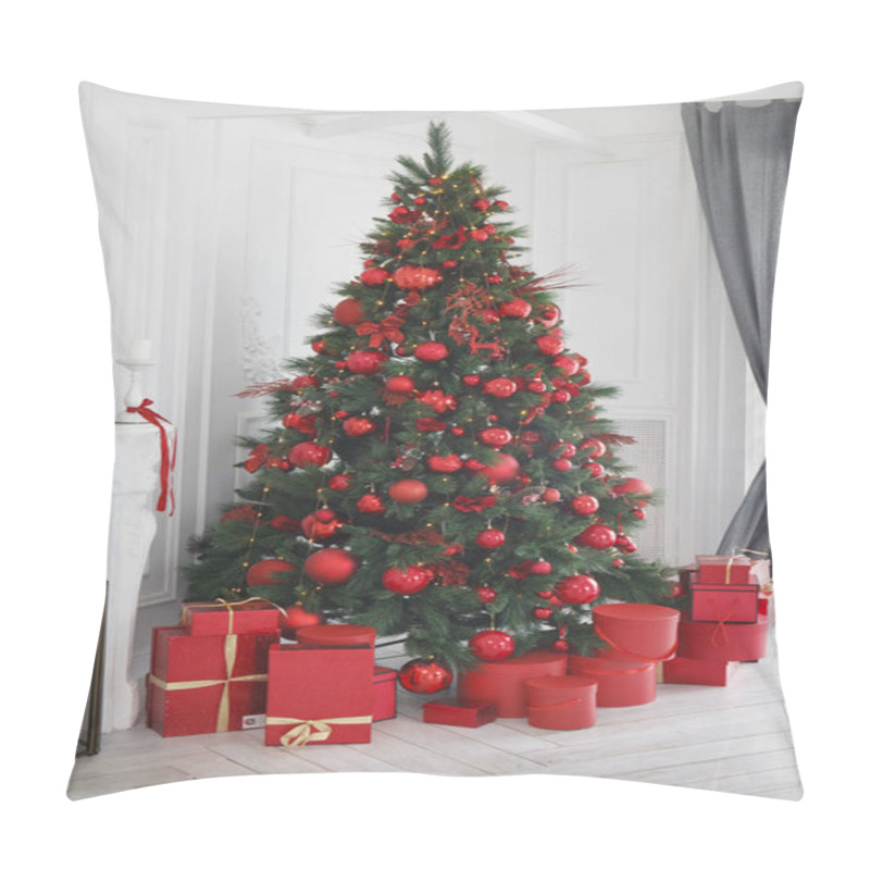 Personality  Christmas, New Year White Interior With Decorated Fir Tree, Red Balls, Red Gifts Boxes, Grey Curtains Pillow Covers