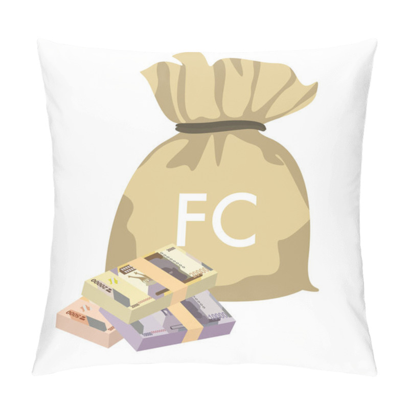 Personality  Congolese Franc Vector Illustration. Congo Money Set Bundle Banknotes. Money Bag 5000, 10000, 20000 CDF. Flat Style. Isolated On White Background. Simple Minimal Design. Pillow Covers