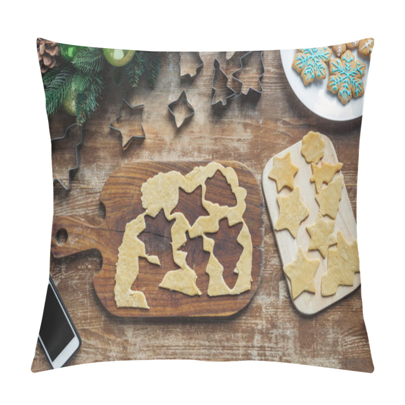 Personality  Top View Of Smartphone With Blank Screen, Raw Dough For Christmas Cookies And Cookie Cutters On Wooden Surface Pillow Covers