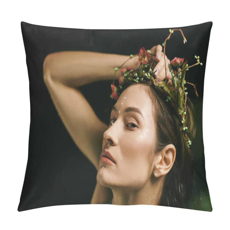 Personality  An Attractive Woman With A Floral Crown Poses In A Swampy Setting. Pillow Covers