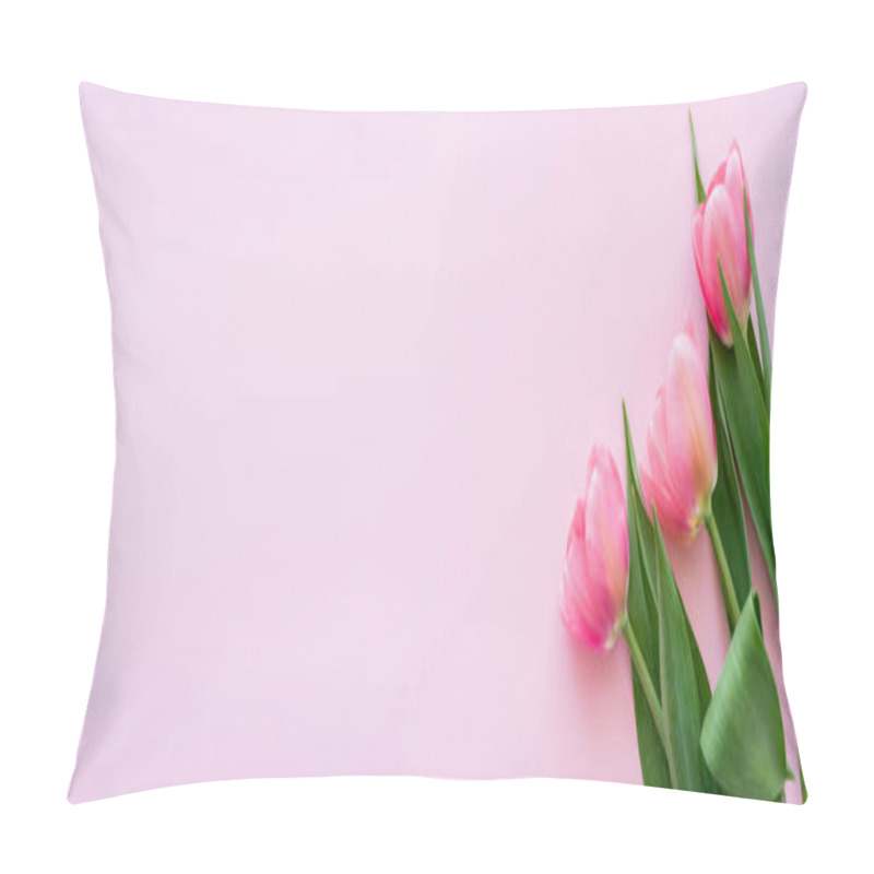 Personality  Top View Of Blossoming Tulips With Green Leaves On Pink, Banner Pillow Covers