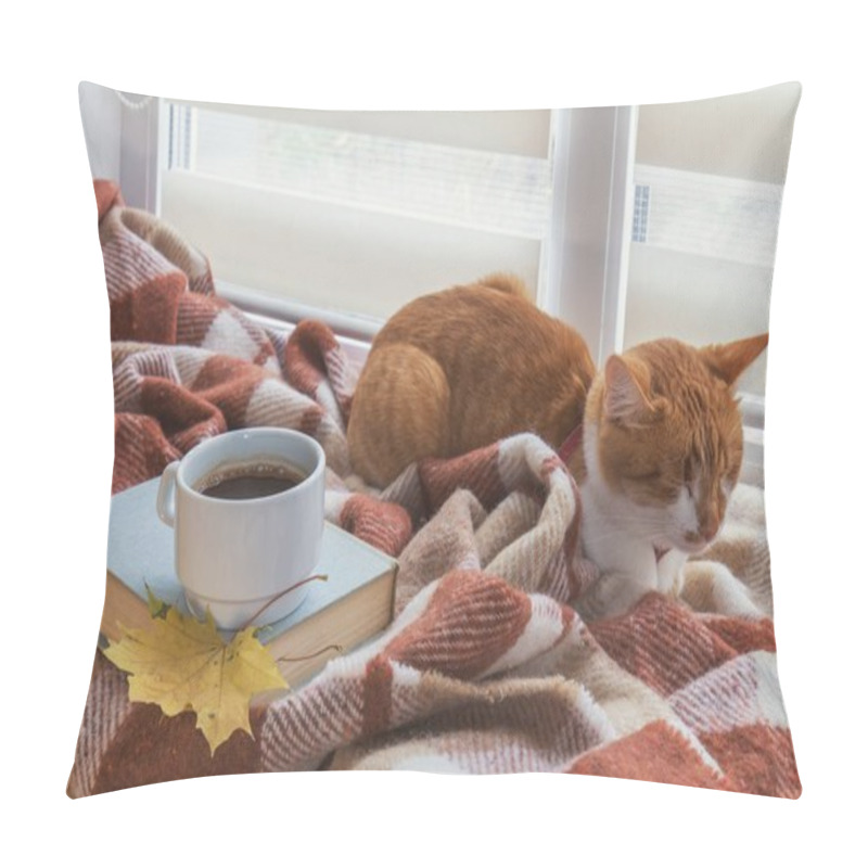 Personality  Cup Of Coffee, Book With Autumn Yellow Leaf And Red-white Cat Su Pillow Covers