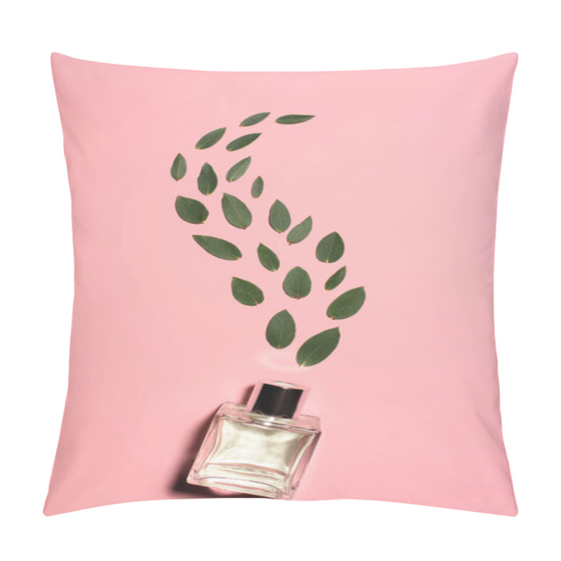 Personality  Top View Of Glass Bottle Of Perfume With Composed Green Leaves On Pink Surface Pillow Covers