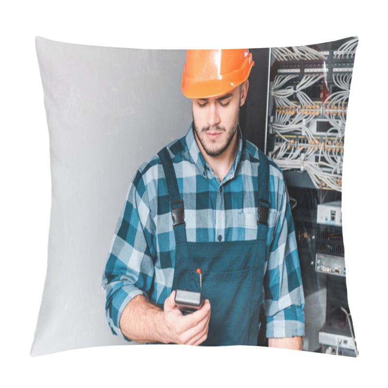 Personality  Handsome Technician Holding Digital Meter Near Wires And Cables  Pillow Covers