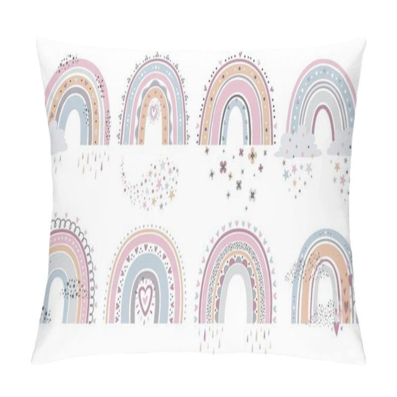 Personality  Scandinavian Rainbow. Cartoon Rainbows With Clouds, Flowers And Stars In Pastel Colors For Kids Textile, Wallpaper Isolated Vector Set Pillow Covers