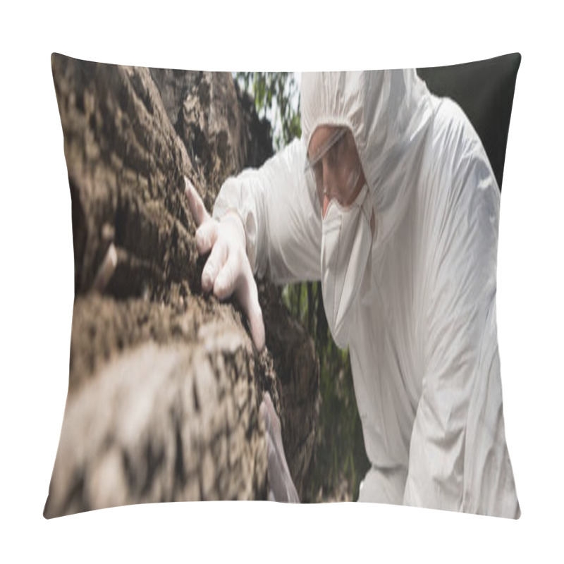 Personality  Panoramic Shot Of Ecologist In Protective Costume And Respirator Touching Tree Bark Pillow Covers