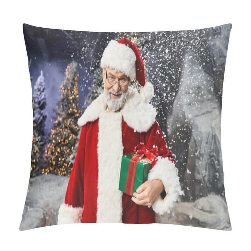 Personality  A Cheerful Figure In A Santa Suit Presents A Wrapped Gift Amidst A Winter Wonderland. Pillow Covers