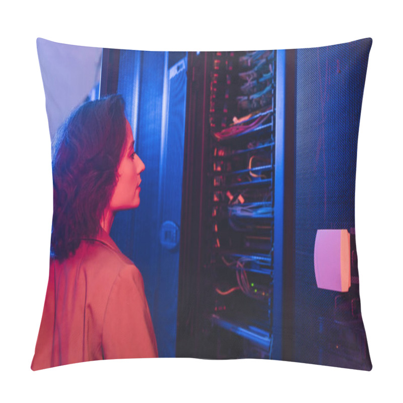 Personality  Engineer Checking Server While Working In Data Center In Neon Light Pillow Covers