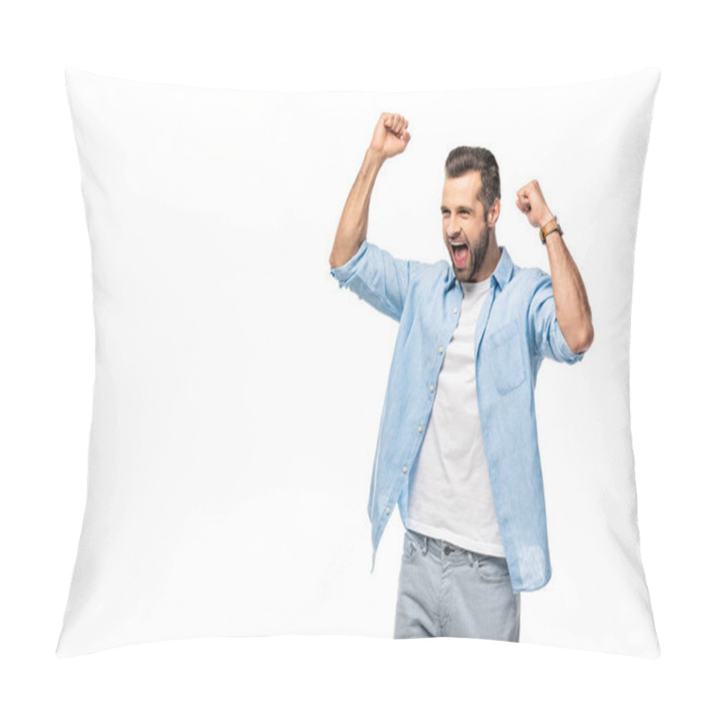 Personality  Excited Man Cheering With Clenched Fists Isolated On White Pillow Covers