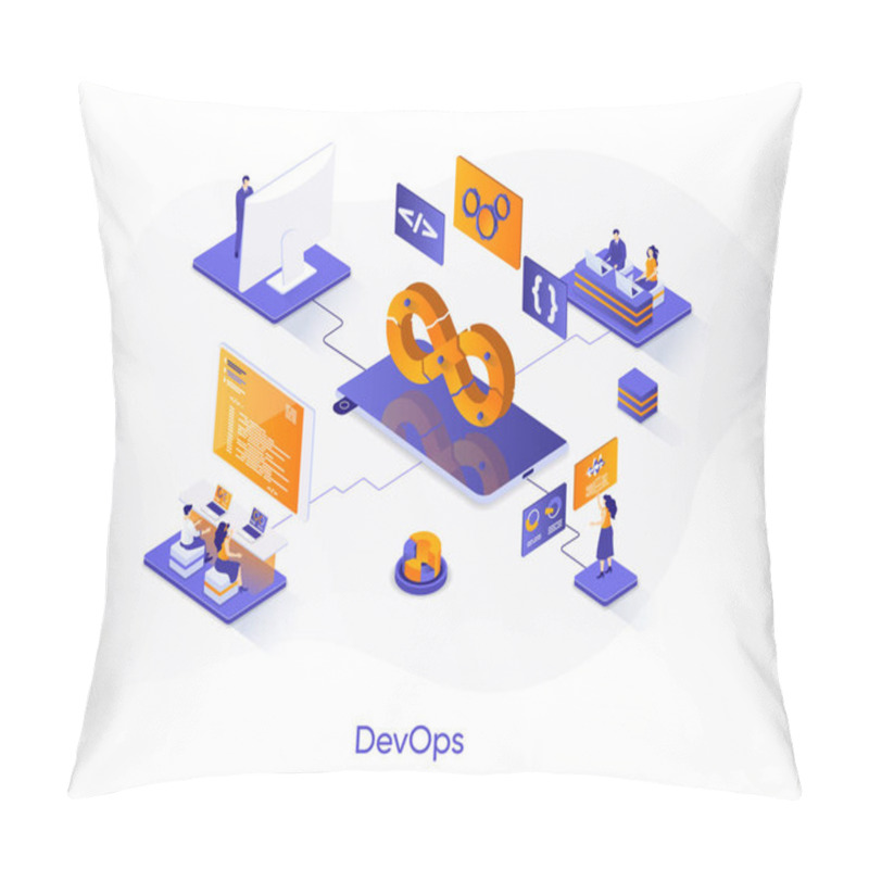 Personality  DevOps Isometric Web Banner. Development Operations Isometry Concept. Programming And Engineering Service 3d Scene, Computer System Administration Design. Vector Illustration With People Characters. Pillow Covers