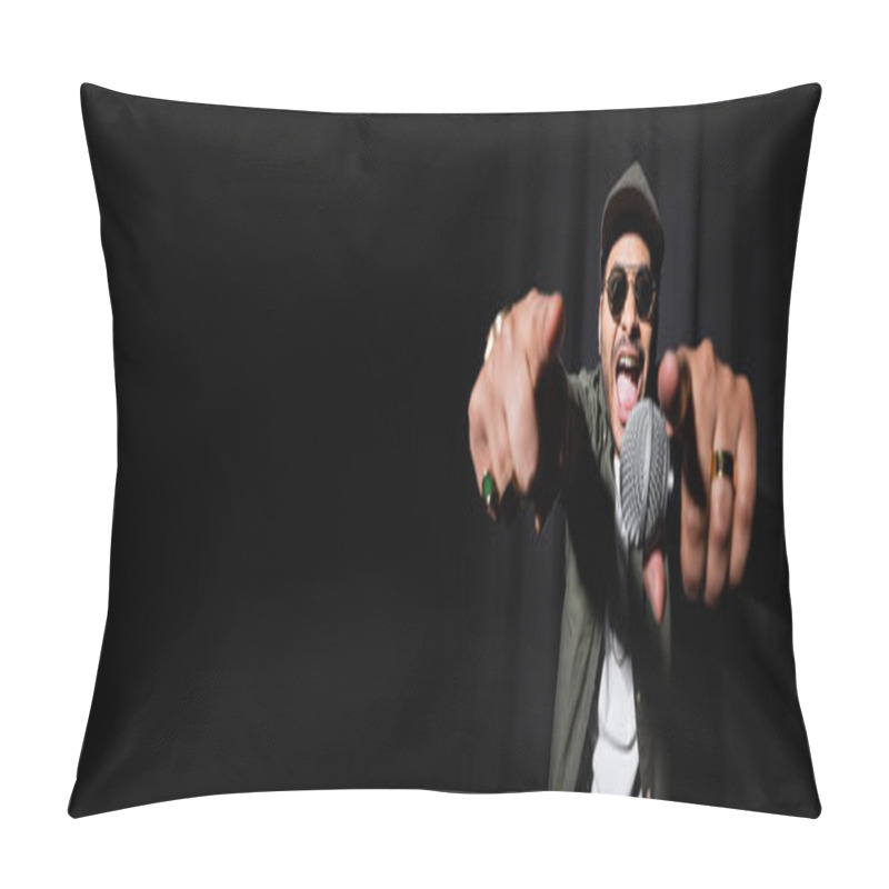 Personality  Excited Middle East Hip Hop Performer In Sunglasses And Cap Singing In Microphone And Gesturing On Black, Banner Pillow Covers