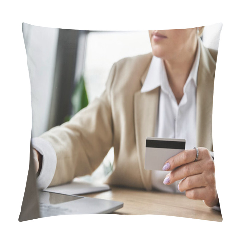 Personality  A Fashionable Adult Woman In Elegant Attire Engages In Online Shopping With A Credit Card. Pillow Covers