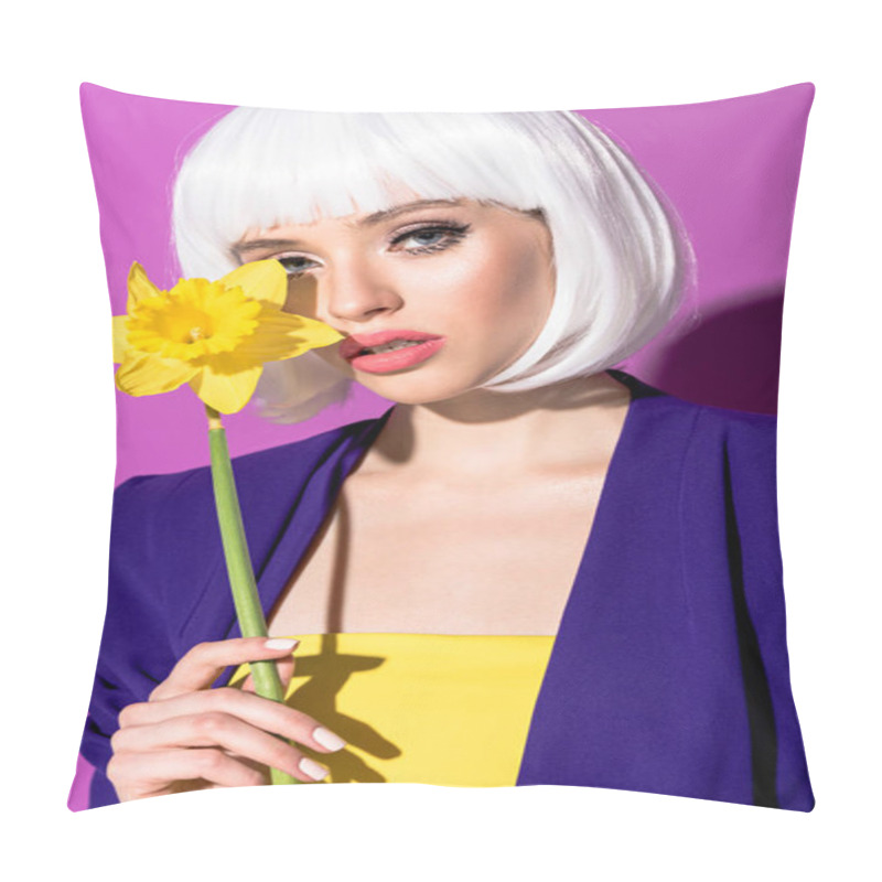 Personality  Stylish Girl In White Wig Holding Flower And Looking At Camera On Purple Background Pillow Covers