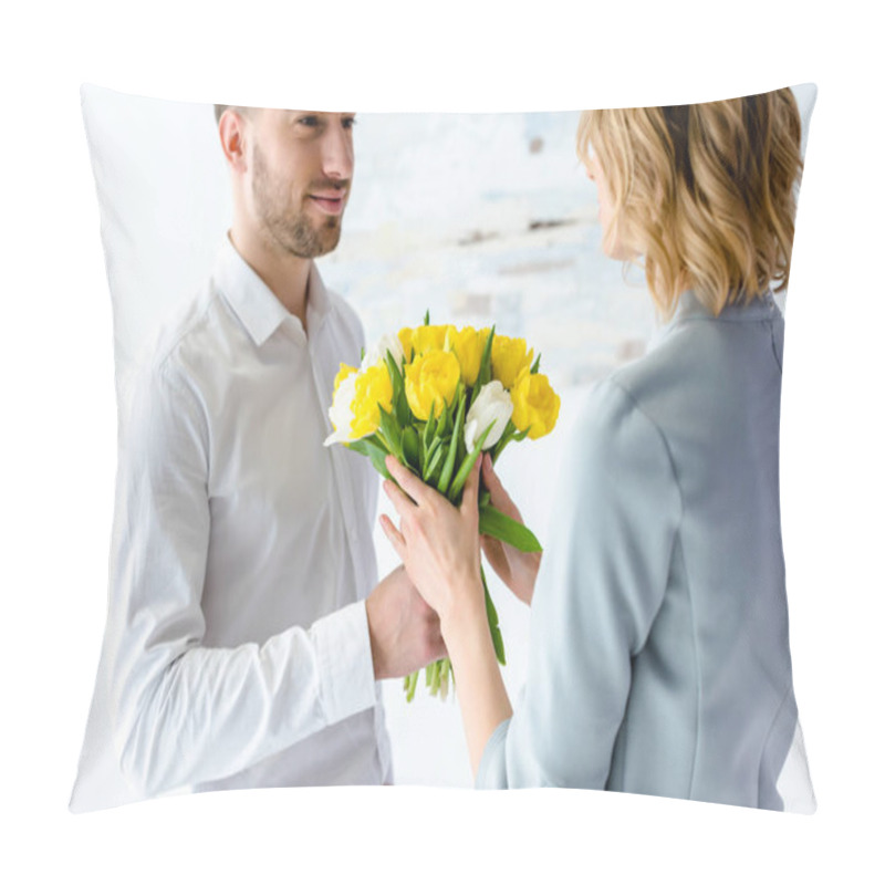 Personality  Woman Receiving Tulips From Smiling Man On 8 March Pillow Covers