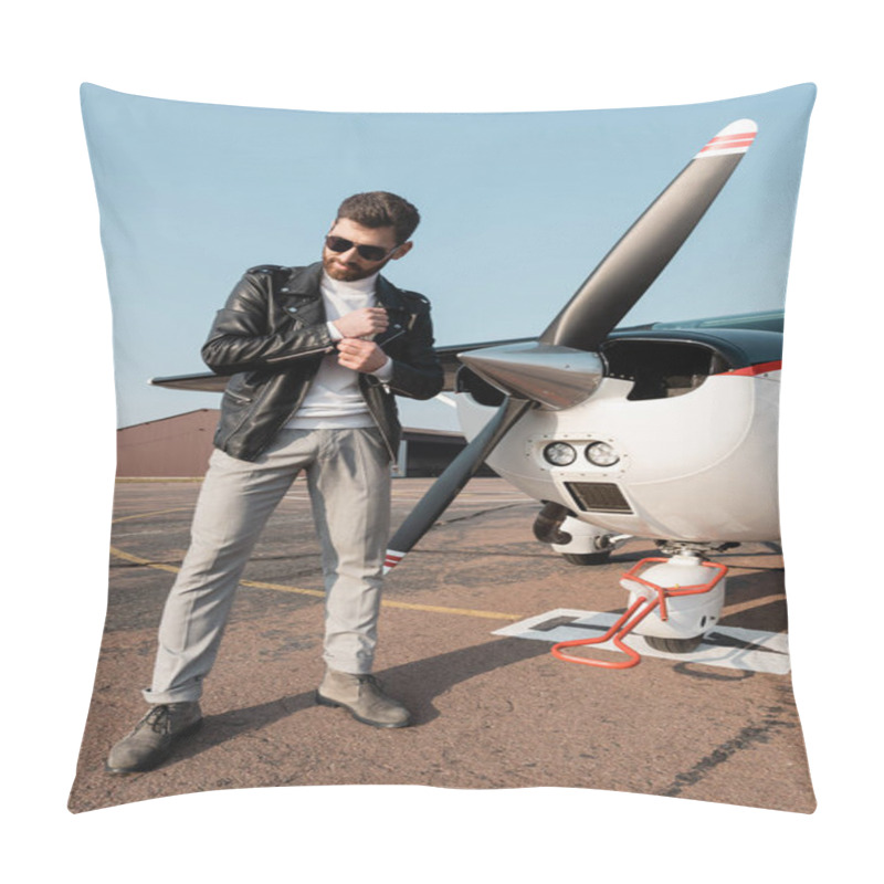 Personality  Full Length Of Stylish Pilot In Leather Jacket And Sunglasses Smiling While Standing Near Aircraft  Pillow Covers