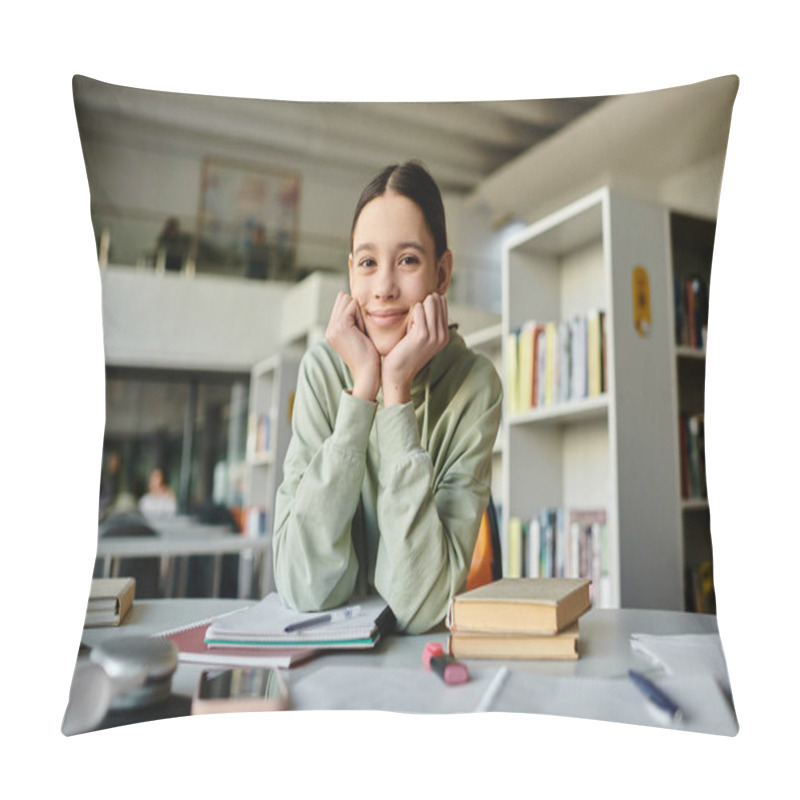 Personality  A Teenage Girl, After School, Sits At A Library Desk, Engrossed In Her Homework On A Laptop In A Quiet And Serene Atmosphere. Pillow Covers