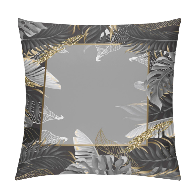 Personality  Poster With Tropical Monochrome Leaves And Gold Frame. Vector. Pillow Covers