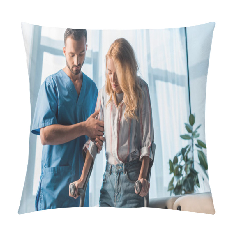 Personality  Handsome Doctor Standing Near Woman With Crutches  Pillow Covers